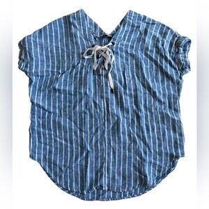 Rails Linen Blue and White Striped Lace-Up blouse